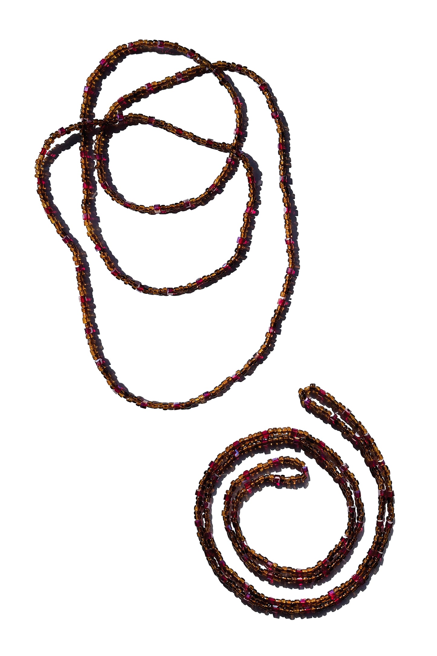 Two dark brown beaded necklaces on a white background